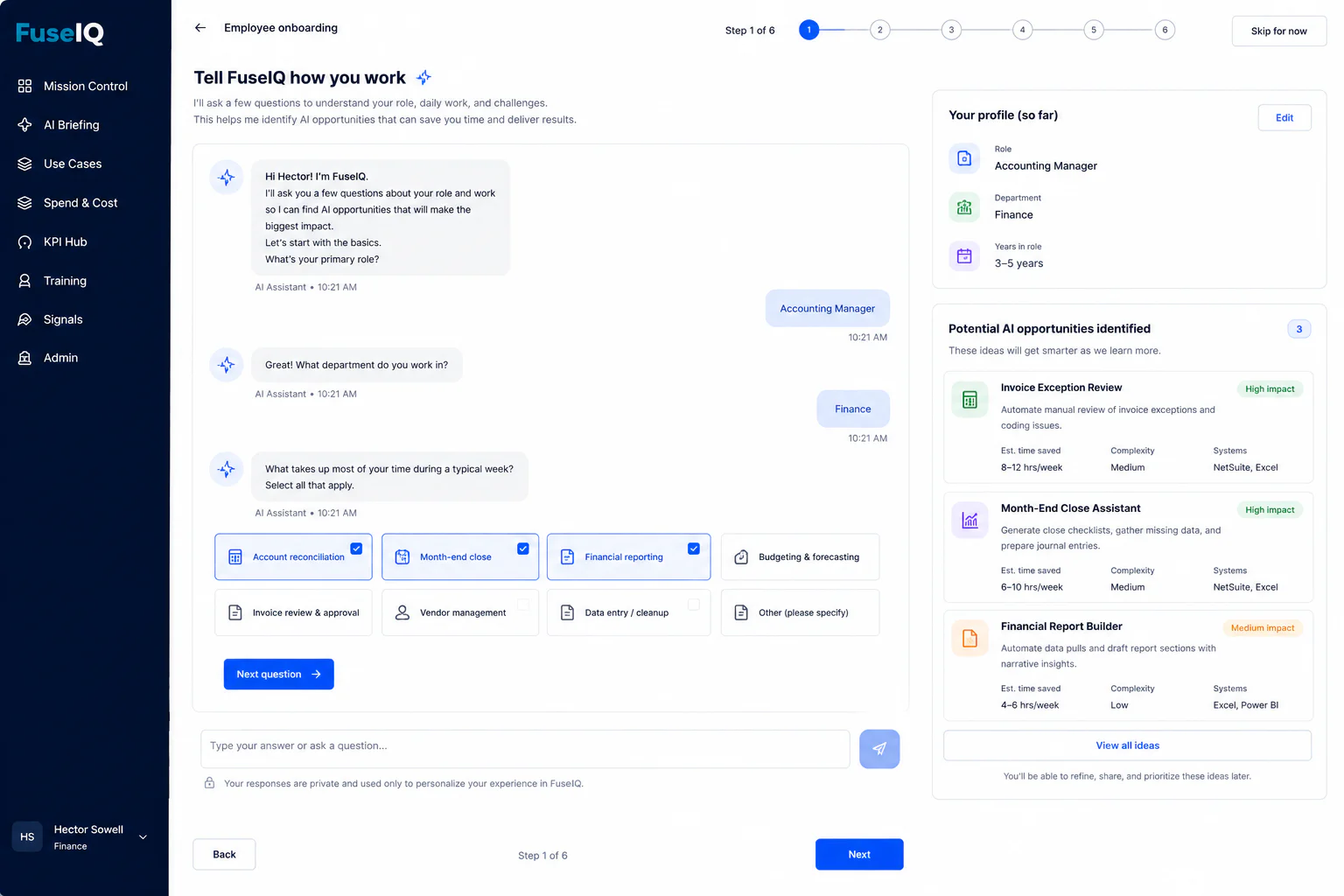 FuseIQ guided employee discovery conversation capturing daily work, effort, and bottlenecks