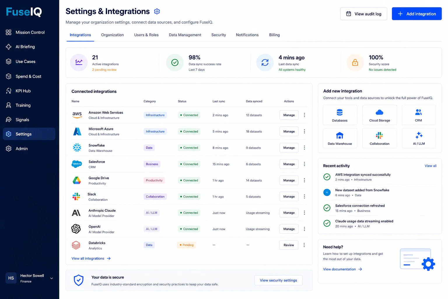 FuseIQ Settings and Integrations with connected systems and synchronization status