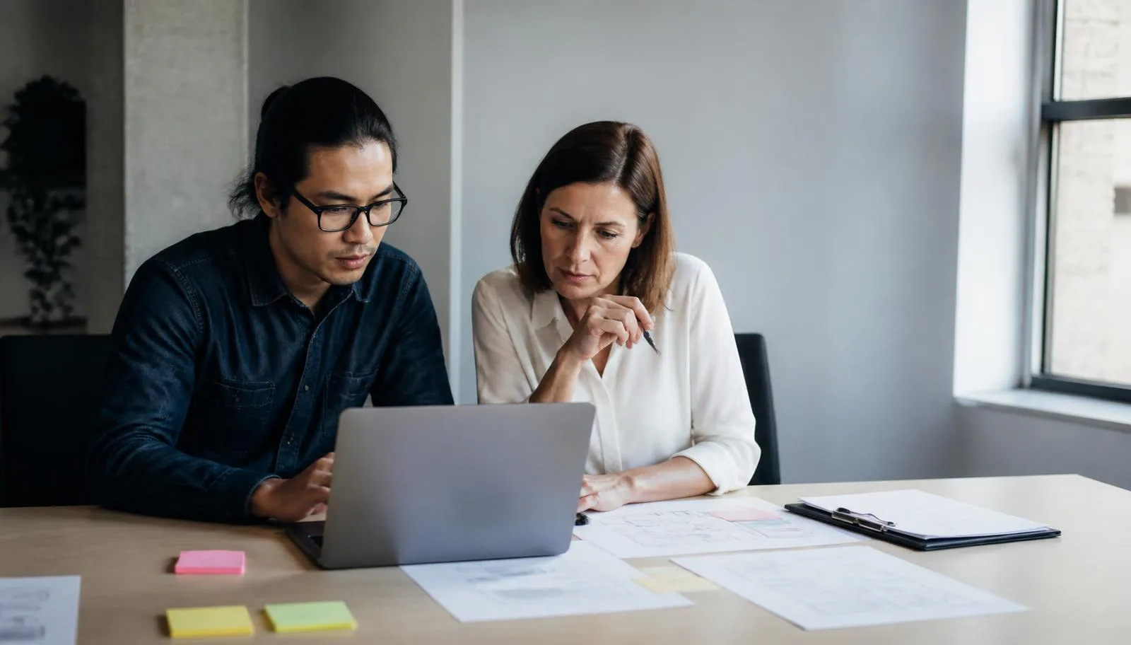 A forward-deployed engineer and a business operator working side by side over a laptop and printed workflow notes.