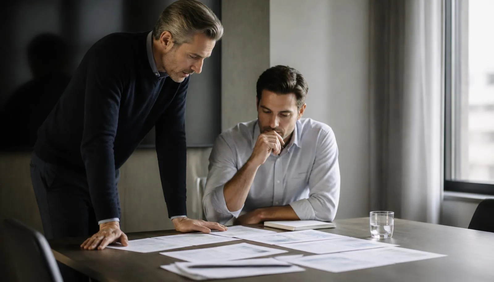 Two operating partners studying printed portfolio performance documents across a meeting table.