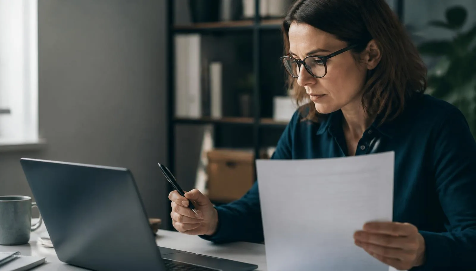 A reviewer comparing a printed document against a laptop before approving the next step.
